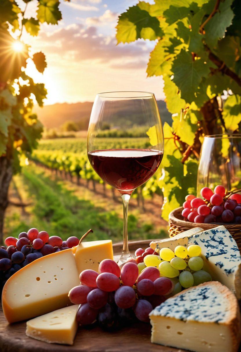 A picturesque vineyard in Arkansas at sunset, showcasing rows of lush grapevines filled with ripe grapes, and an elegant wine glass filled with red wine in the foreground, surrounded by artisanal cheeses and fruits, with a joyful group of friends toasting in the background. The warm glow of the setting sun adds a celebratory atmosphere. vibrant colors. super-realistic.