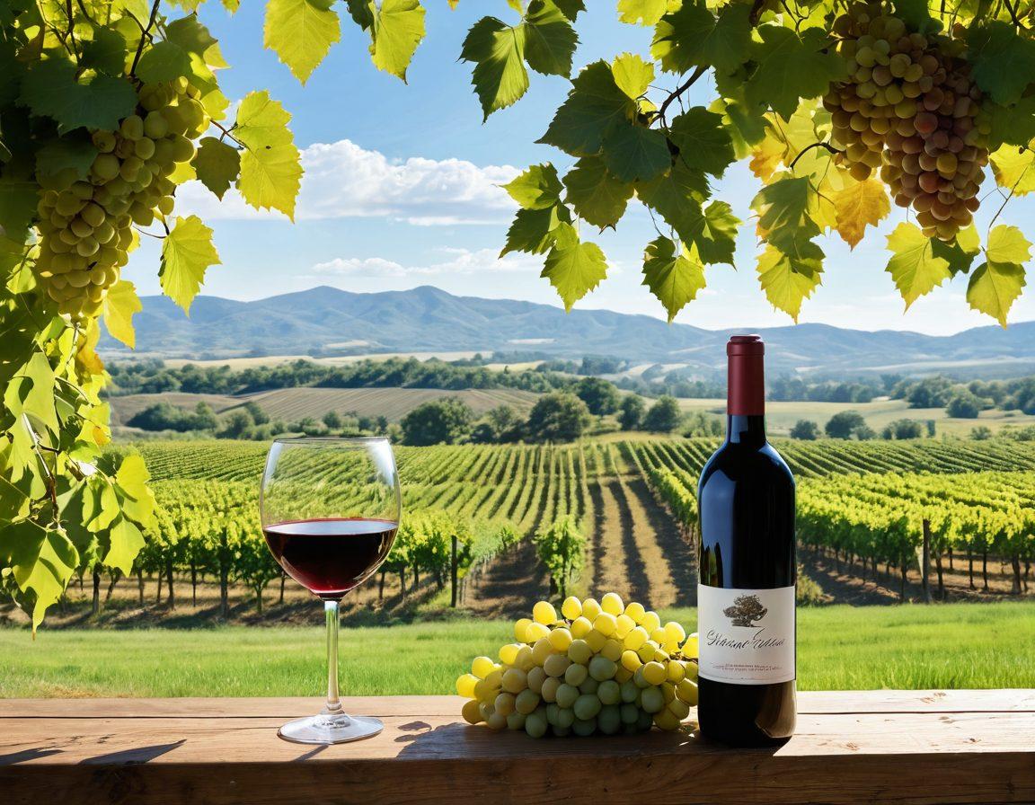 A picturesque vineyard in Arkansas showcasing lush grapevines with clusters of Cabernet and Chardonnay grapes ripening under bright sunlight. In the foreground, a wine glass filled with a rich red wine on one side and a golden white wine on the other, symbolizing the journey from Cabernet to Chardonnay. Rolling hills in the background with a clear blue sky. The scene encapsulates a warm and inviting atmosphere of wine tasting. vibrant colors. super-realistic.