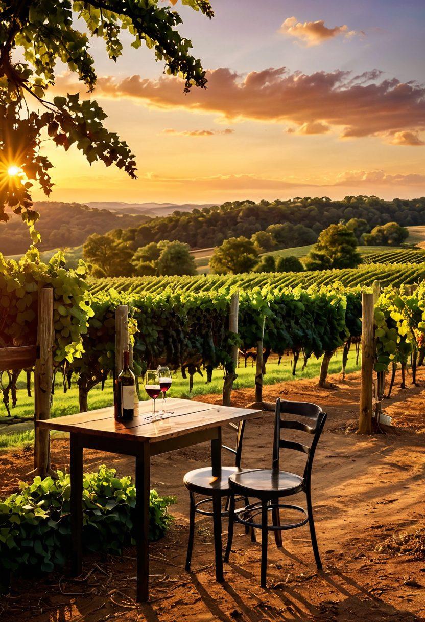 A picturesque Arkansas vineyard at sunset, with lush grapevines stretching across rolling hills, a rustic tasting room in the foreground showcasing elegant wine bottles and glasses. The scene is filled with warm golden light, highlighting the natural beauty of the landscape and the vibrant colors of ripe grapes. Capture the essence of relaxation and exploration, drawing viewers into the world of Arkansas wines. vibrant colors. super-realistic. warm tones.